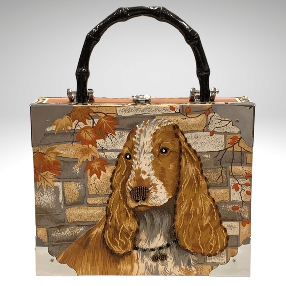 Cocker Spaniel Cigar Box Handbag Purse Faux Bamboo Handle Beaded - Picture 1 of 10